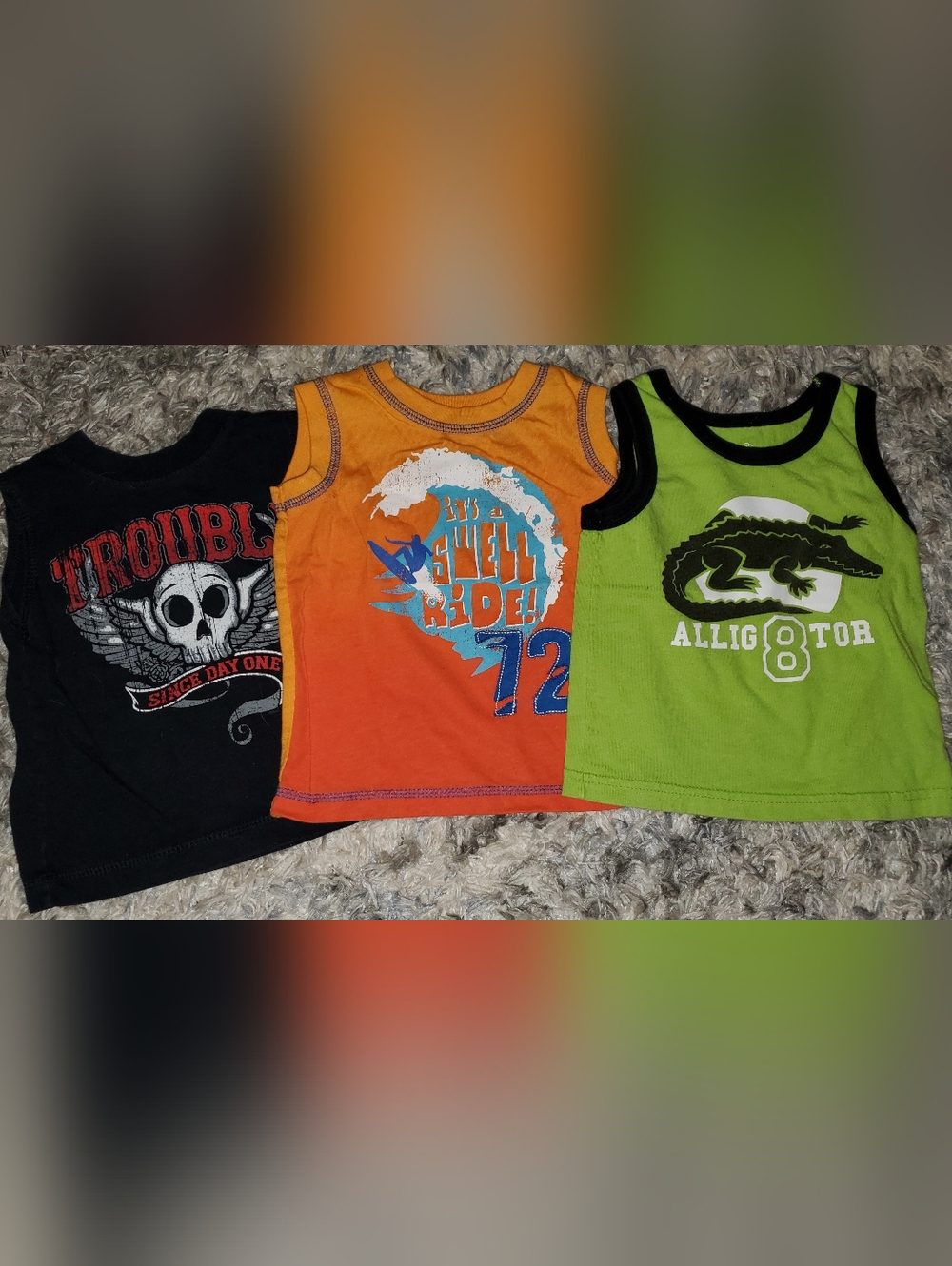 3- 12 Month Boys Tank Tops - Green, Black, Orange Surf Graphic